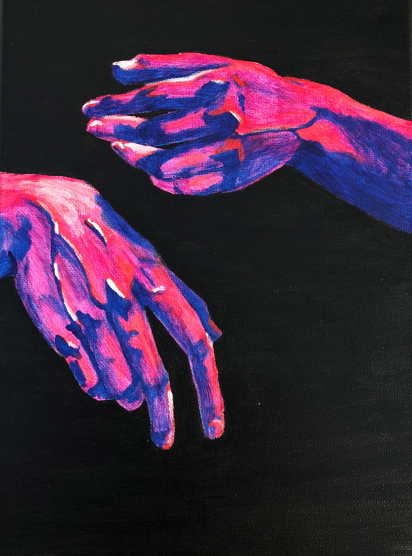 Figurative acrylic painting by Alex Shaver titled A Study in Hands. The painting is of two hands in neutral positions against a black background. the hands are colored in shades of blue, pink, and purple.