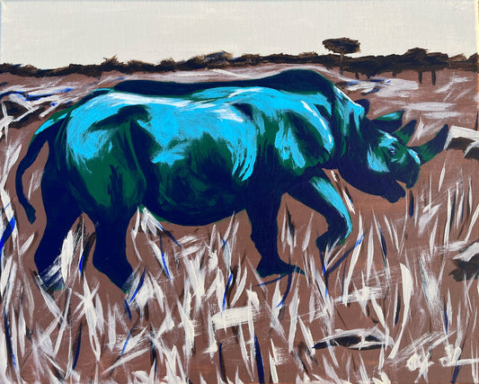 Acrylic Painting by Alex Shaver titled Rhino in Namibia features a realistic rhino walking in grass. There are trees and shrubs in the distance. The rhino is dark green, dark blue, and bright light blue. It is signed.