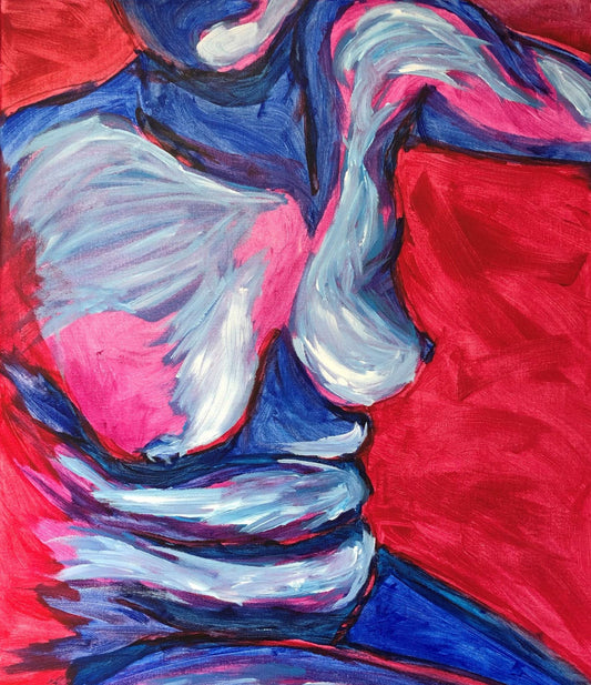 Alex Shaver's acrylic painting titled Sitting Woman is a depiction of a realistic, tastefully nude woman sitting against an abstract red background. She is sitting is such a way that her stomach rolls are visible. She is colored in soft pinks and blues with deep blue shadows and white highlights.