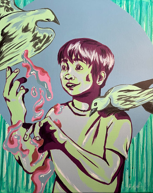 Acrylic painting by Alex Shaver titled Wonder. This strange painting depicts a young boy in a tee shirt using magic to manipulate some pink and blue colored liquid as two birds look on with interest, one flying, the other sitting on his shoulder. He and the birds are colored in florescent green, light blue, and deep purple. The background features a light blue colored circle with different shades of green dripping down the canvas behind it. 